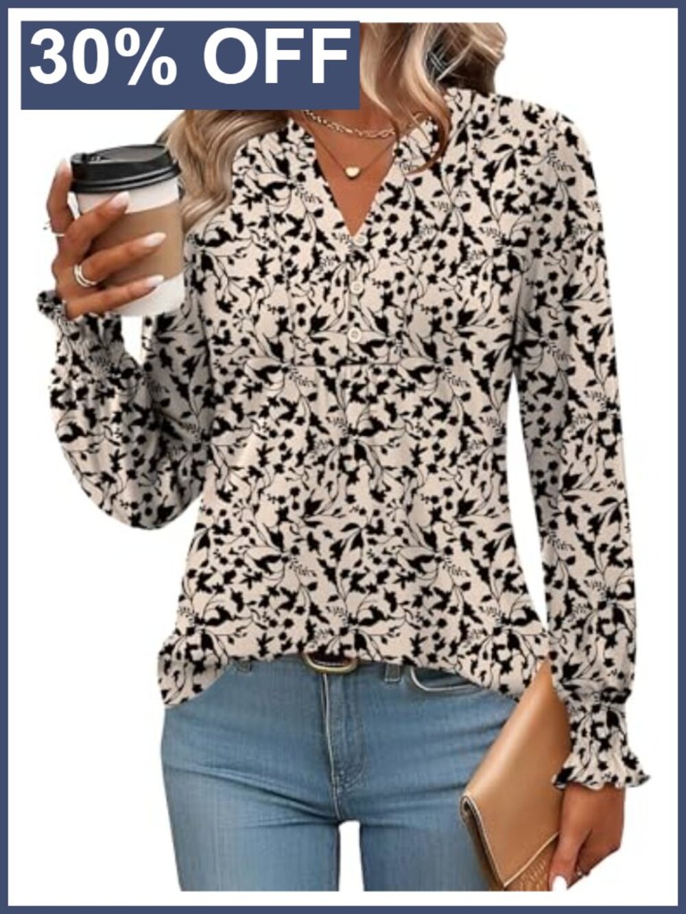 Women's Long Sleeve V-Neck Button Down Blouse Pleated Front
